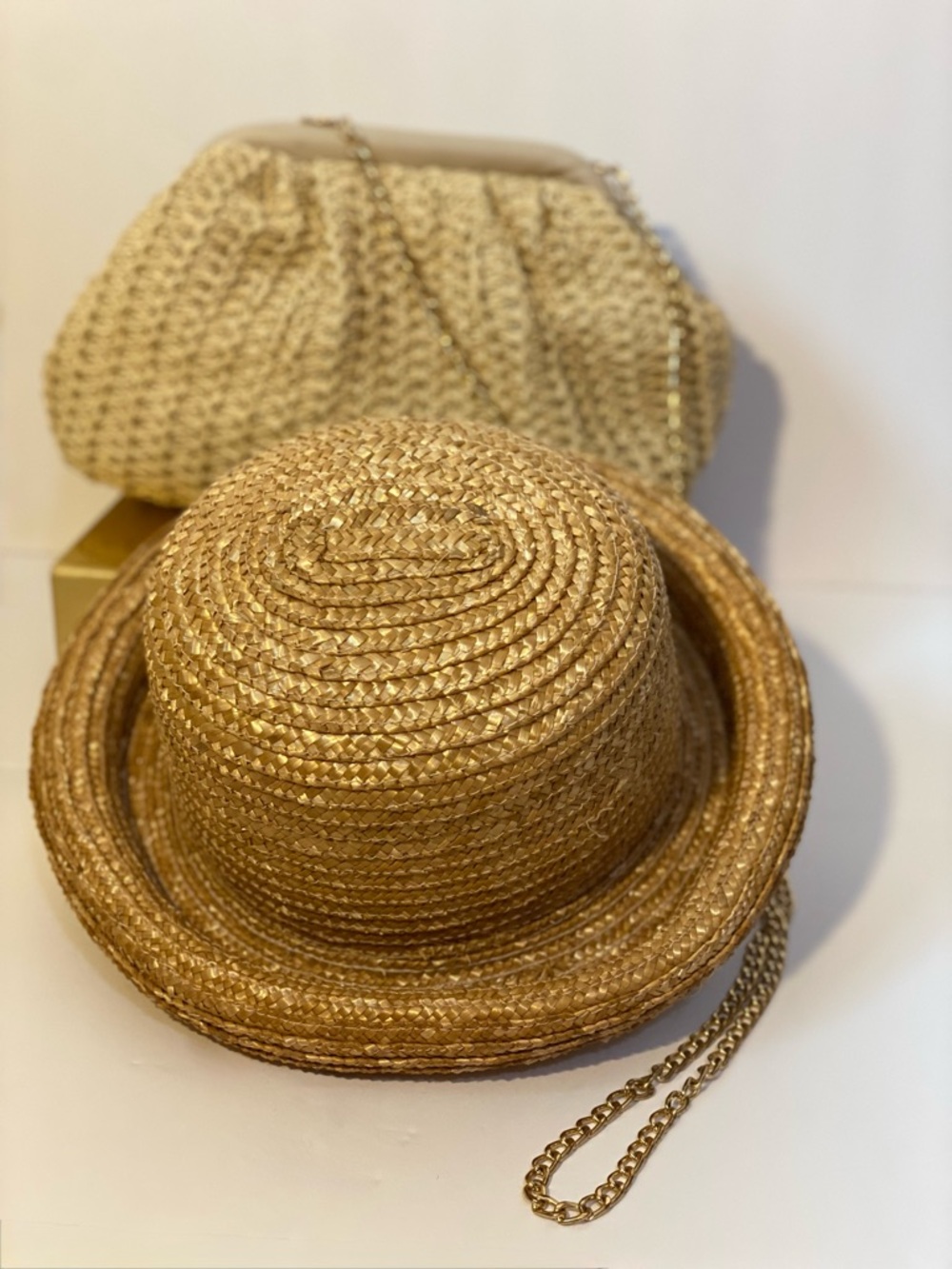 Woven Straw Clutch Bag with Chain Strap and Raffia Bowler Hat With Rolled Brim - Picture 4 of 9